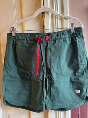 Topo Designs Dark Green Shorts with Red Logo Tag